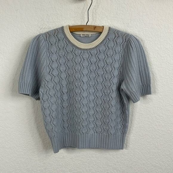 Miu Miu Cashmere Knit Baby Blue Contrast Sweater - Picture 1 of 7